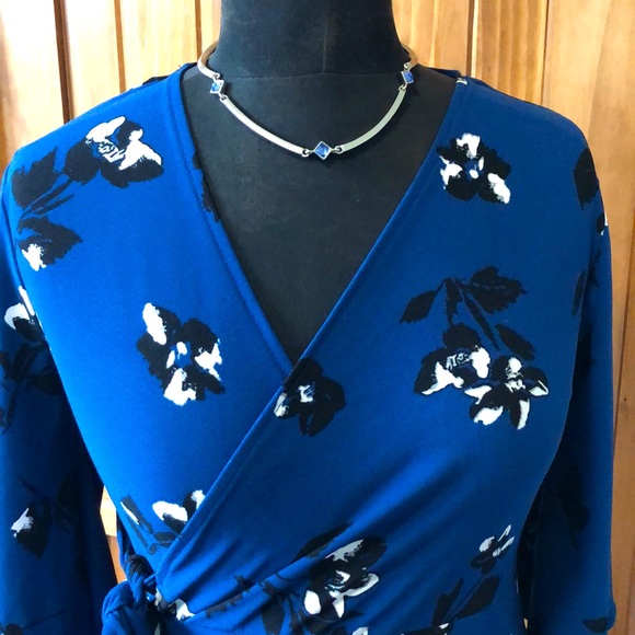 Blue Floral Dress - Faux Wrap - Picture 5 of 8